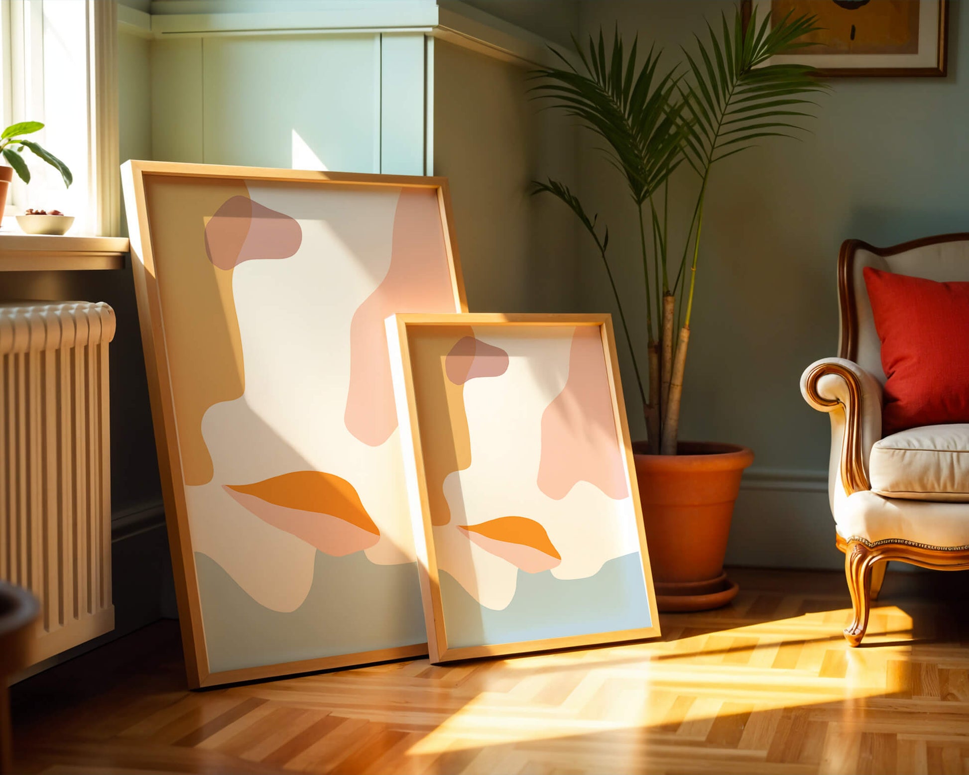 Abstract art with pastel color shapes on white background