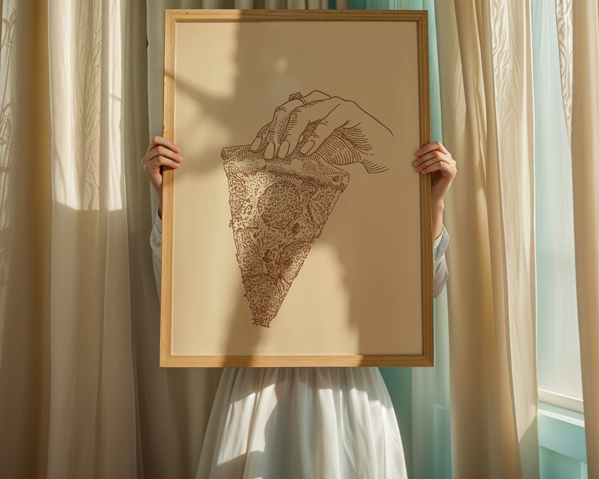 Hand holding a detailed vintage pizza slice illustration
