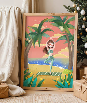 Escena de yoga tranquila en una playa tropical al atardecer