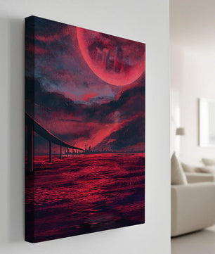 Surreal Scarlet Landscape with Bridge and Celestial Body