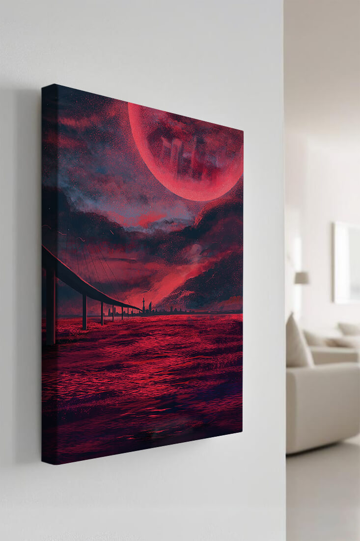 Surreal Scarlet Landscape with Bridge and Celestial Body