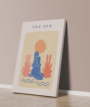 Modern abstract art poster featuring the sun and a serene figure in blue and coral tones - Mi tienda