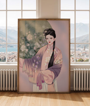 Elegant Asian Woman in Traditional Attire with Floral Background - Mi tienda