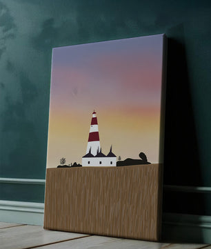 Lighthouse at Dusk with Colorful Sky and Field Landscape