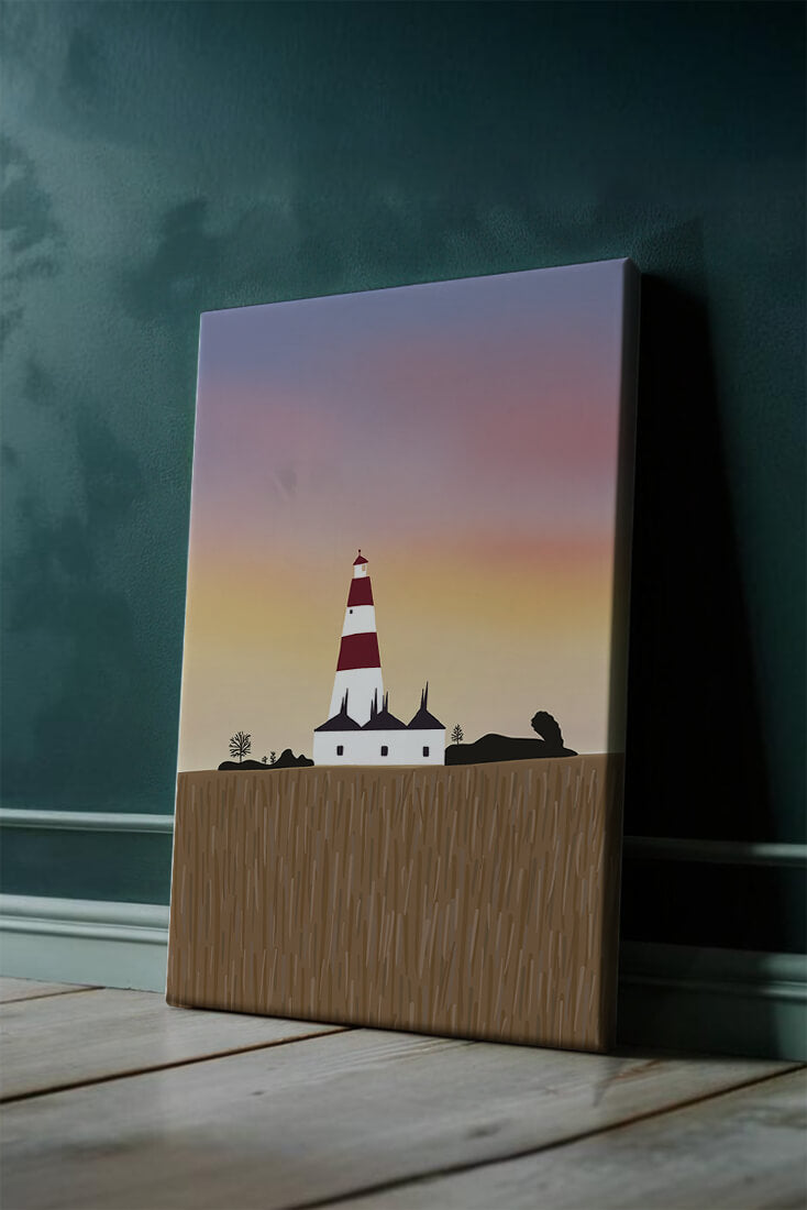 Lighthouse at Dusk with Colorful Sky and Field Landscape