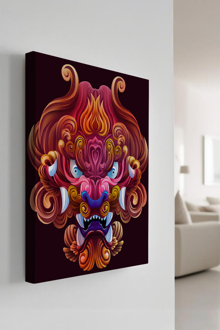 Intricate Colorful Dragon Face Illustration with Swirling Patterns