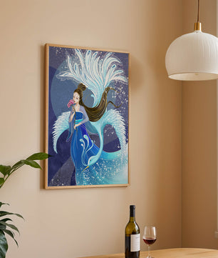 Elegant woman with floral motif and ethereal bird illustration