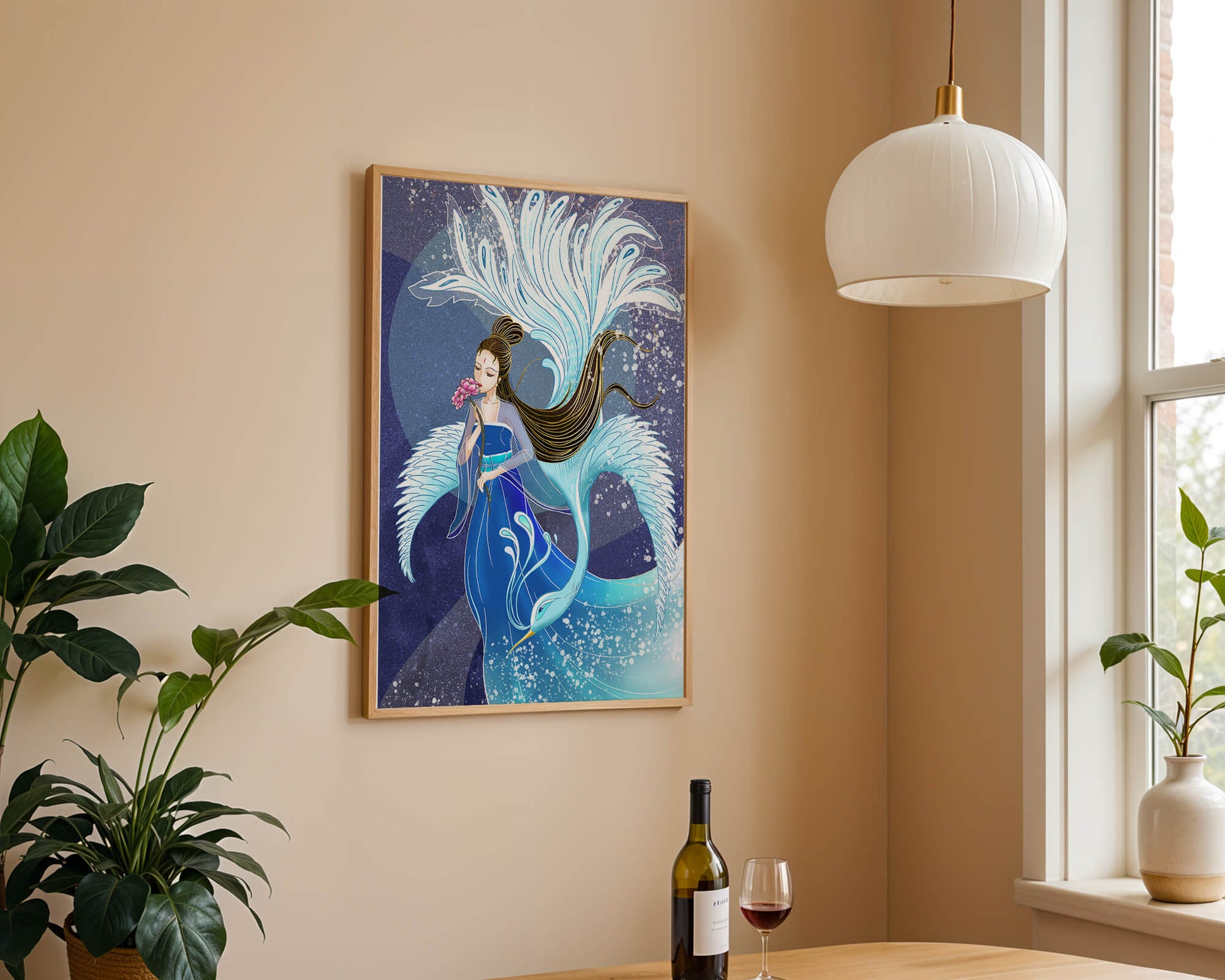 Elegant woman with floral motif and ethereal bird illustration