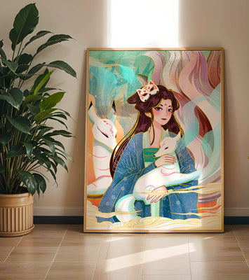 Woman with foxes in a mystical fantasy scene