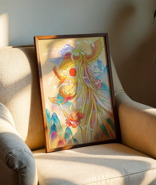 Colorful phoenix soaring in a dreamlike sky with vibrant flowers and mountains