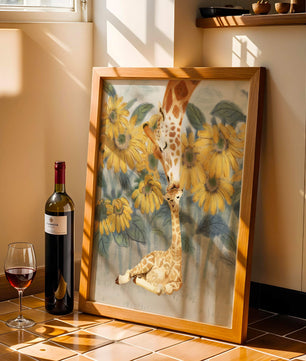 Pintura acuarela de jirafas y girasoles en una escena tierna de una familia de jirafas