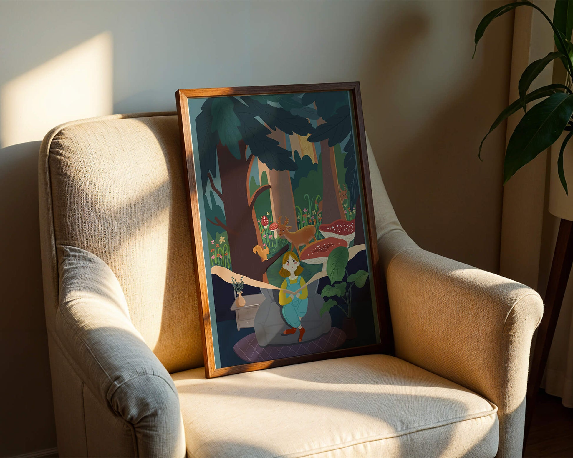 Figura femenina pacífica con criaturas del bosque y vegetación verde exuberante