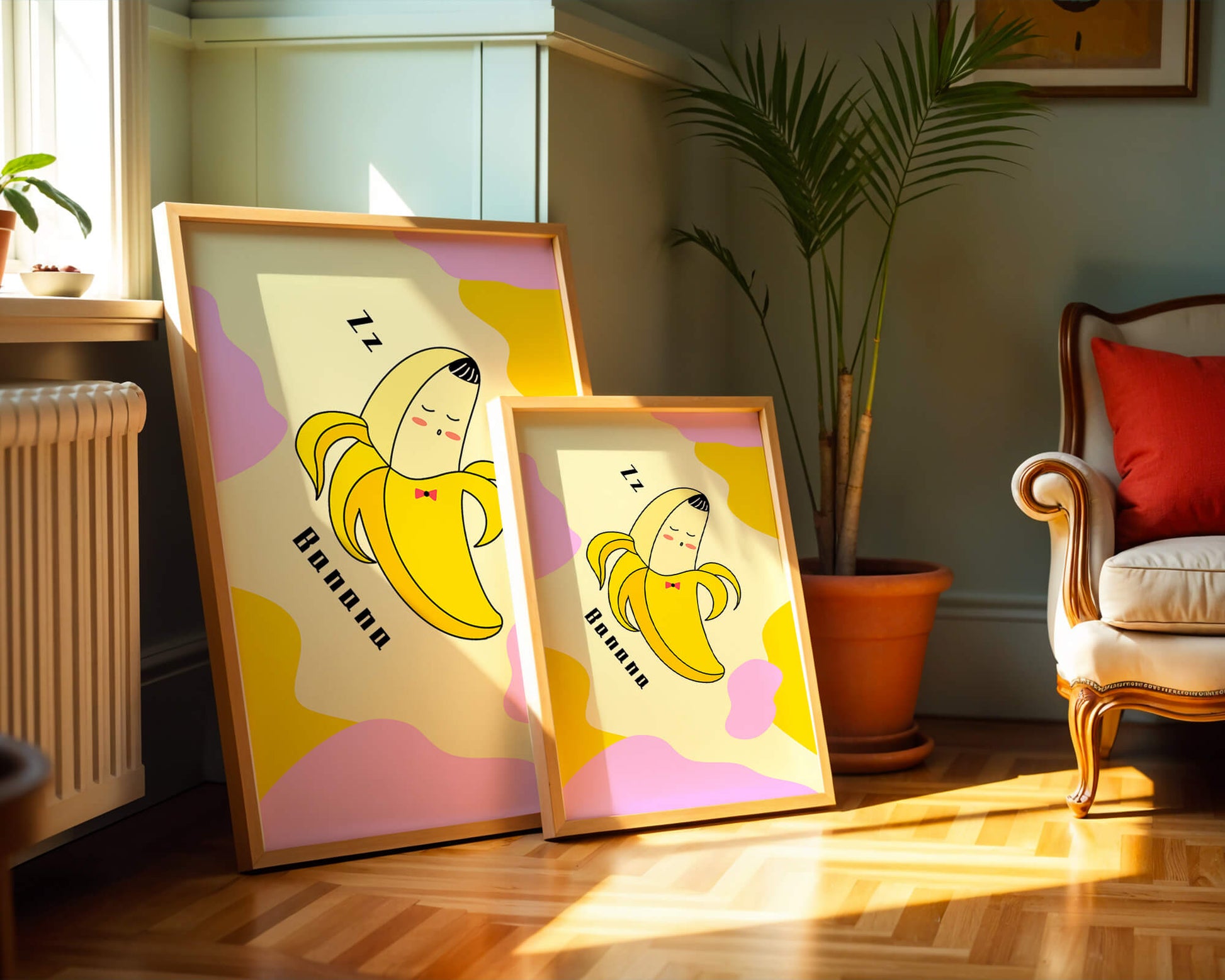 Playful illustration of a sleeping banana with colorful abstract background