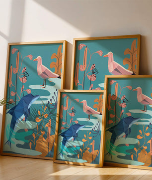 Geometric Dolphin and Seagull with Floral Elements in Abstract Nature