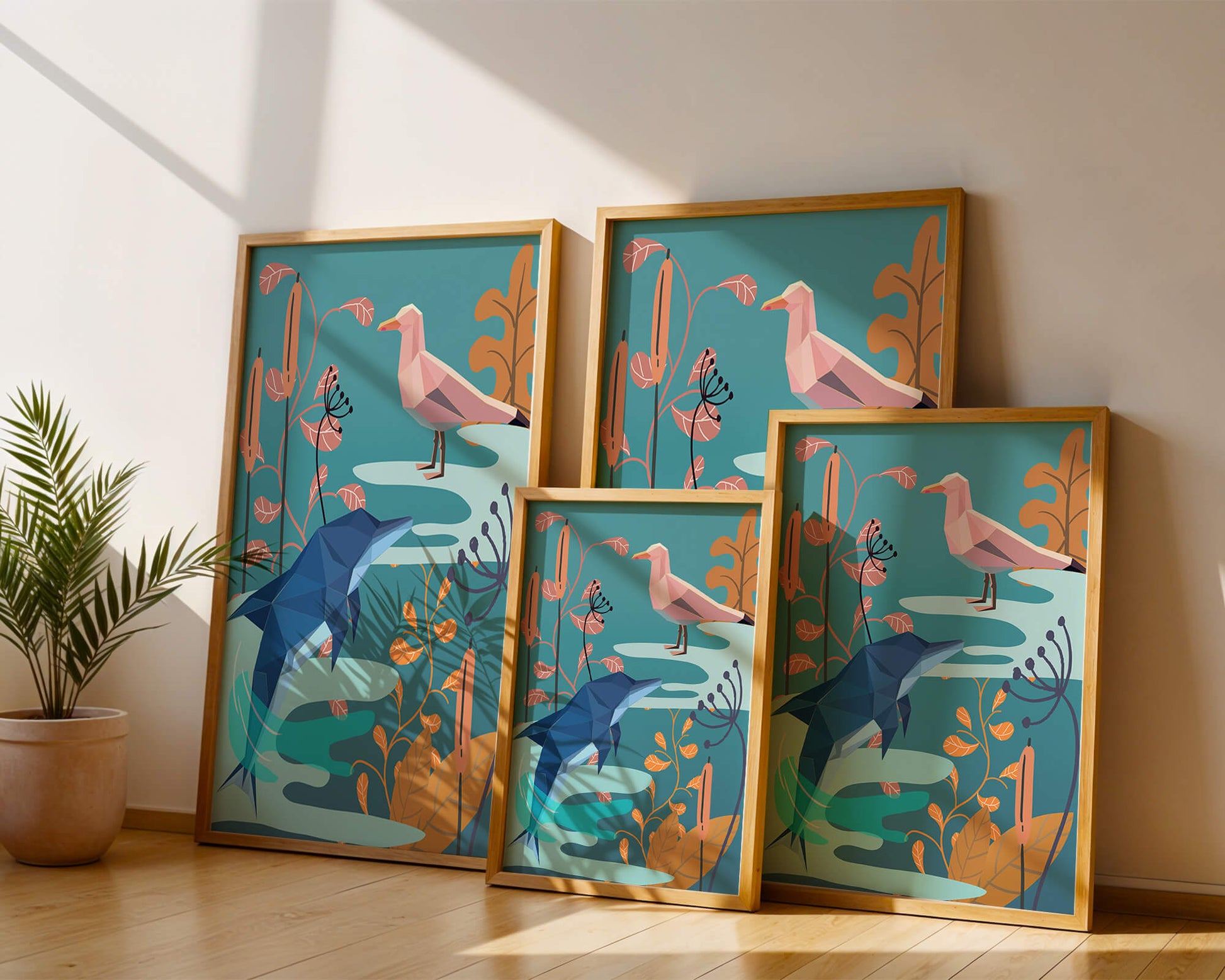 Geometric Dolphin and Seagull with Floral Elements in Abstract Nature