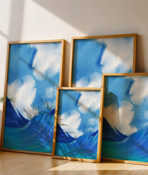 Olas oceánicas hermosas bajo un cielo nublado en una obra de arte