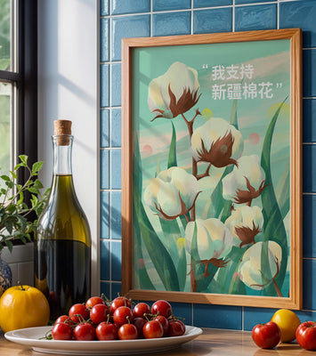 Illustration of cotton plants with supportive text in Chinese