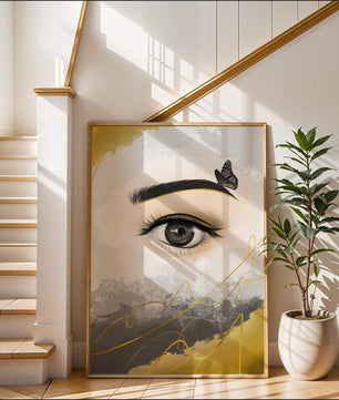 Artistic eye illustration with butterfly and abstract gold accents