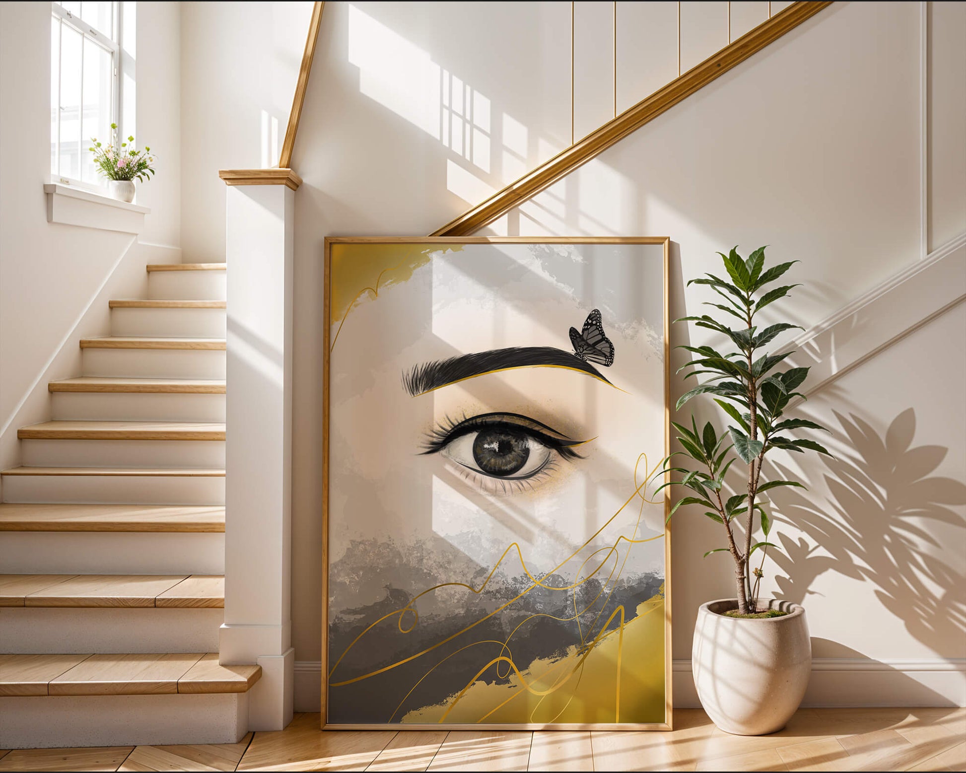 Artistic eye illustration with butterfly and abstract gold accents
