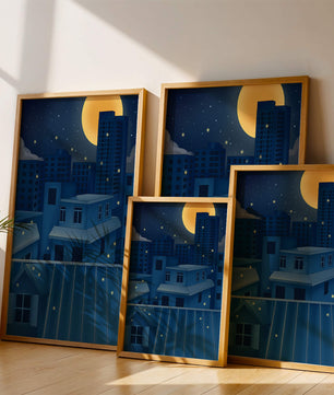 Night Urban Skyline Under a Starry Sky with Bright Full Moon