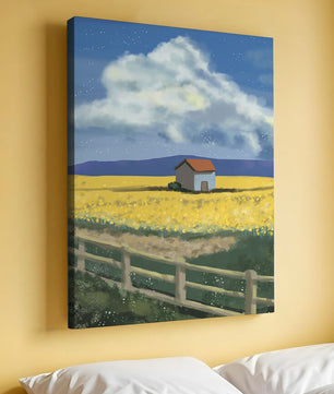 Idyllic rural scene with house and yellow field under blue sky