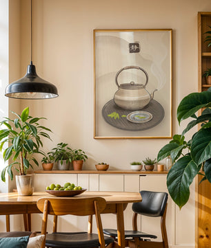 Traditional Japanese teapot with steaming tea and serene setting
