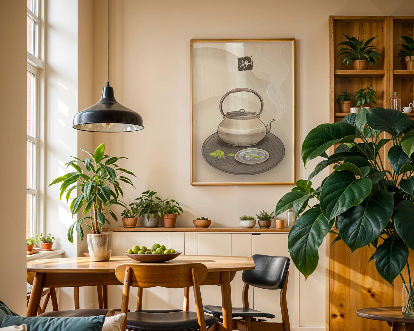 Traditional Japanese teapot with steaming tea and serene setting