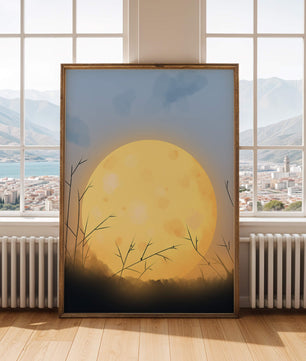 Paisaje sereno de una luna llena brillante contra un cielo crepuscular con hierba en silueta