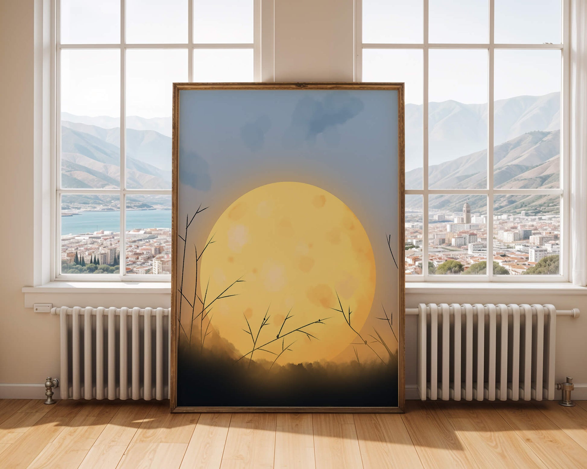Paisaje sereno de una luna llena brillante contra un cielo crepuscular con hierba en silueta