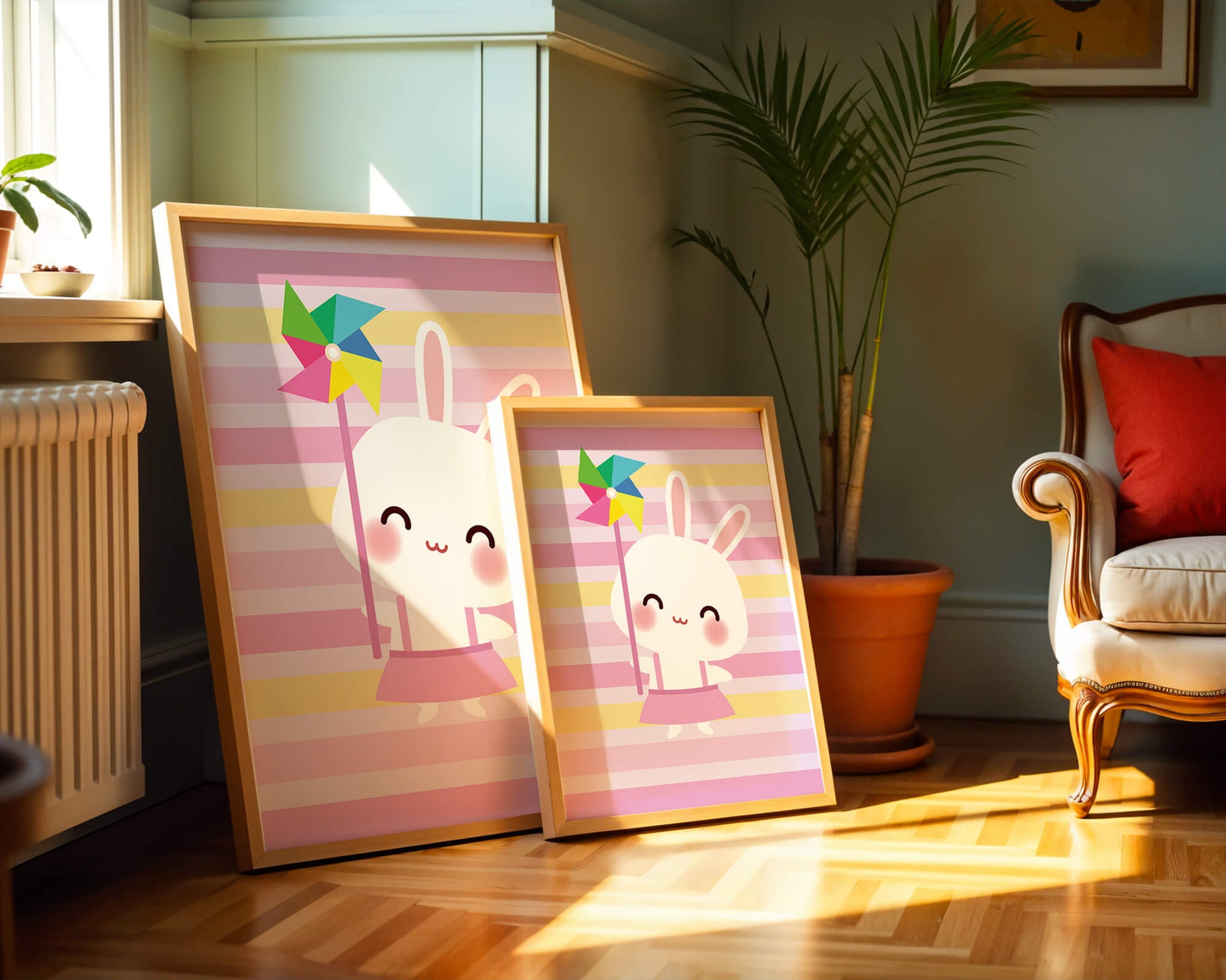 Adorable bunny with pinwheel on pastel striped backdrop