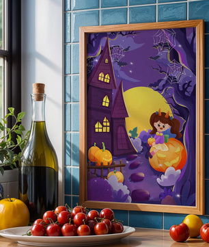 Charming Halloween scene with a girl on a pumpkin near a haunted house