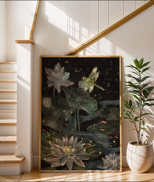 Lotus Flowers and Dragonfly in Nighttime Pond