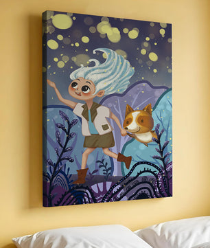 Whimsical Adventure in a Magical Night Sky Landscape