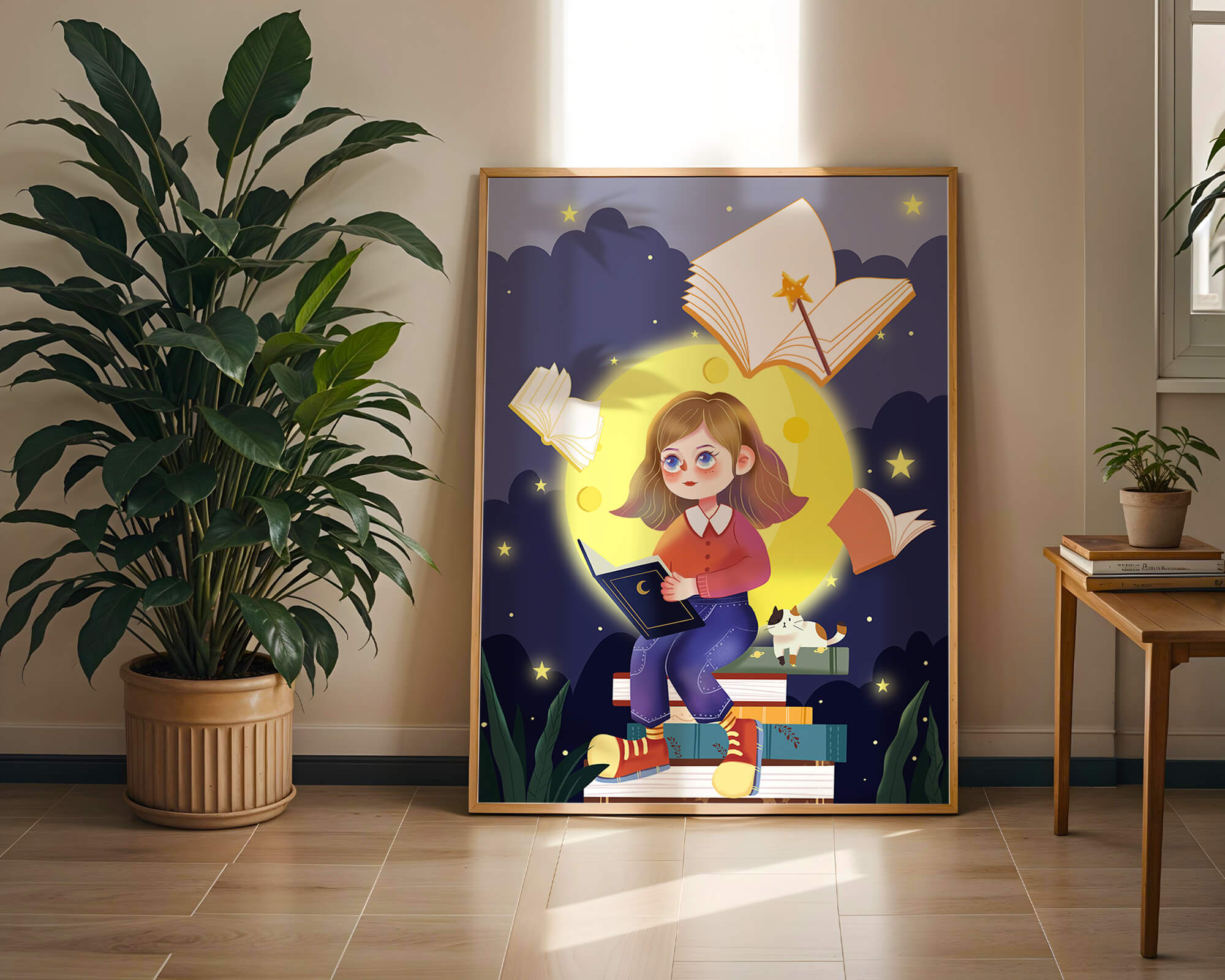 Illustration of a girl reading books under a starry night sky