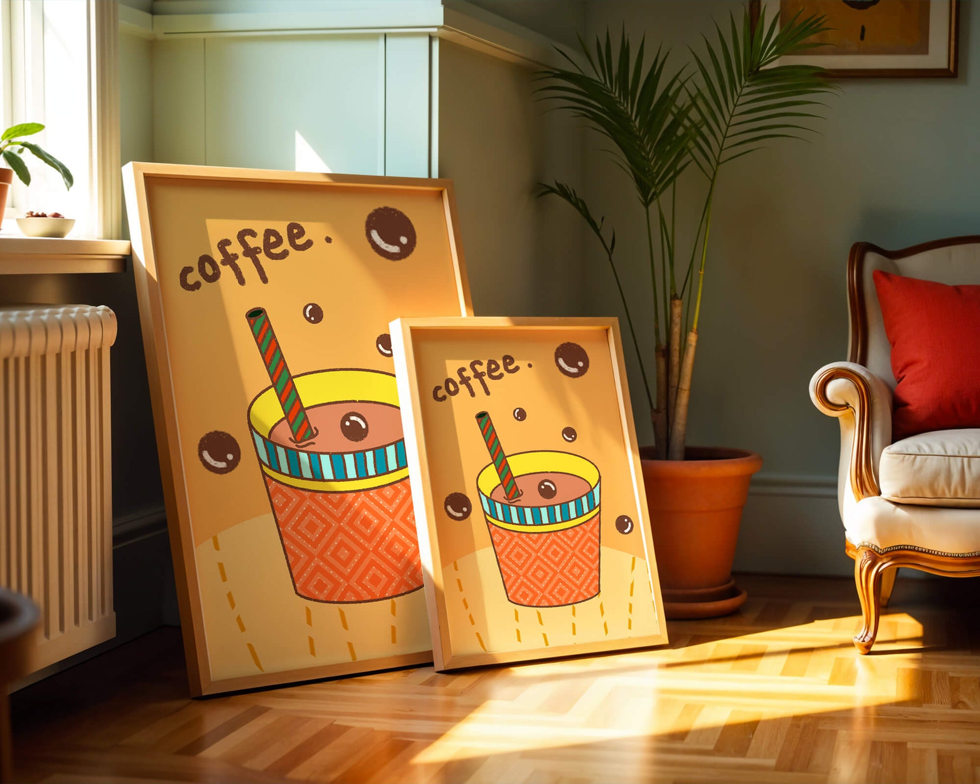 Colorful coffee cup illustration with bubbles and straw