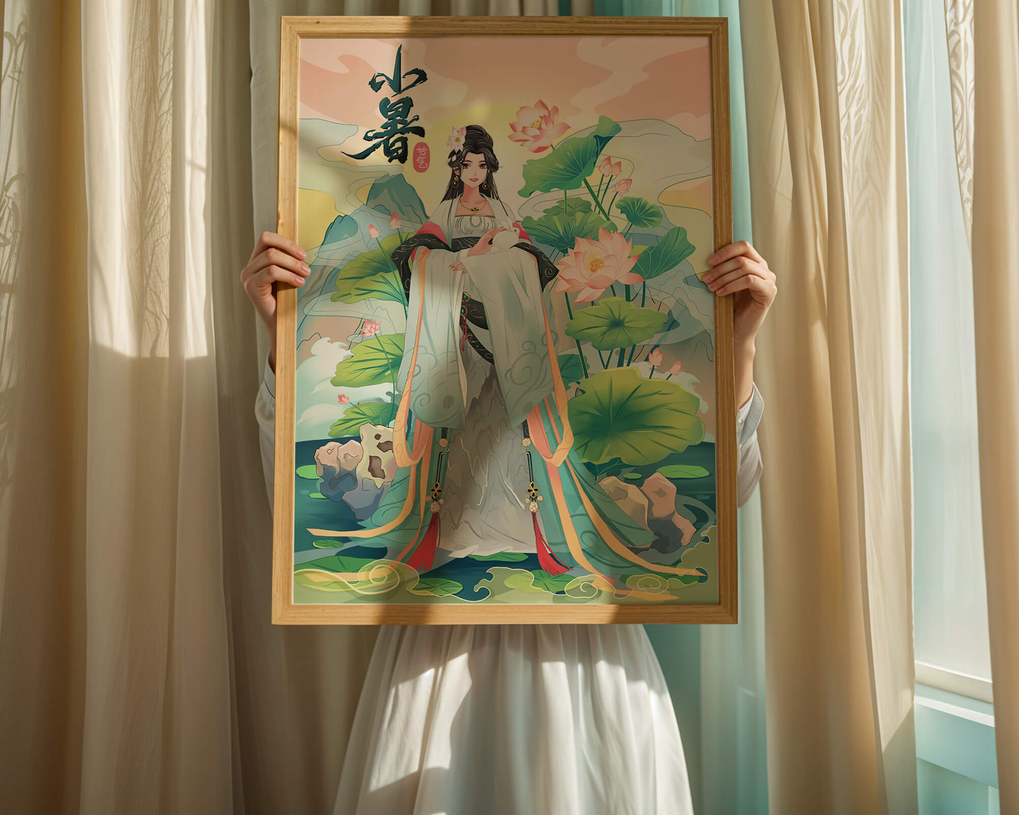 Elegant woman in traditional attire with lotus flowers and serene backdrop