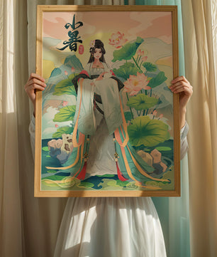 Elegant woman in traditional attire with lotus flowers and serene backdrop