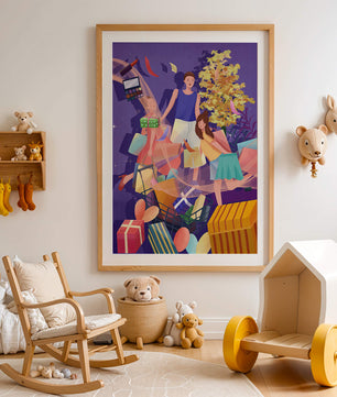 Illustration d'une expérience de shopping joyeuse en famille avec des cadeaux et des couleurs vives