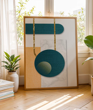 Abstract geometric design with gold accents and textured elements