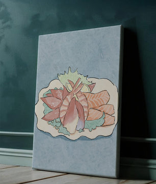 Illustration of seafood platter with shrimp and salmon on a decorative plate