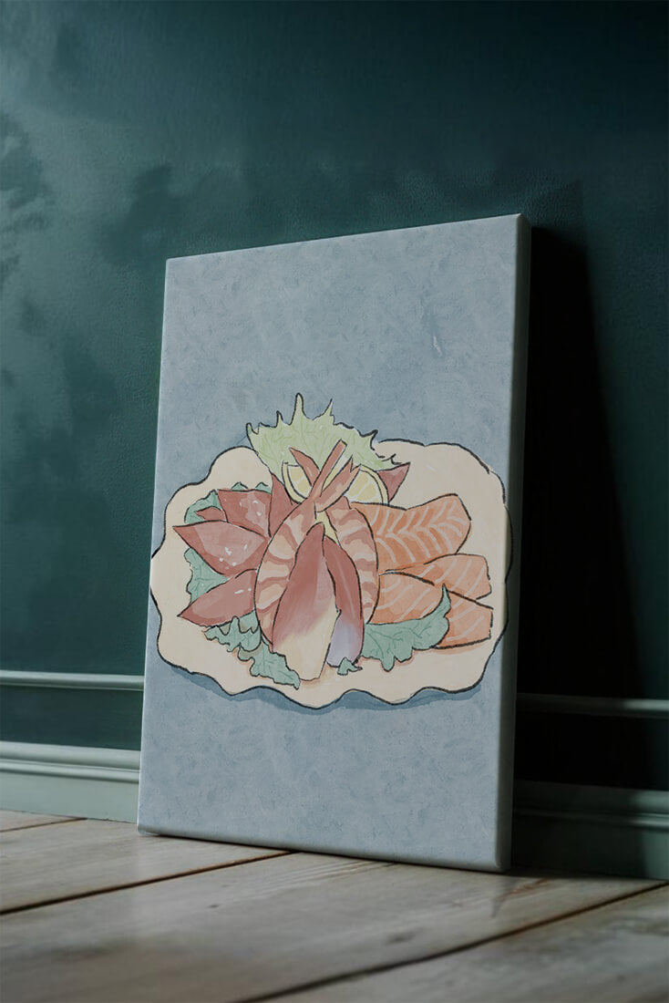Illustration of seafood platter with shrimp and salmon on a decorative plate
