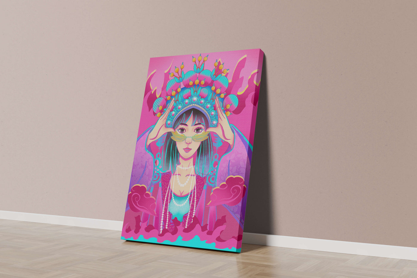 Colorful illustration of a woman in traditional costume with ornate headpiece