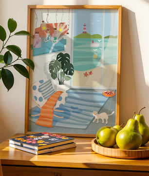 Habitación acogedora con vista al mar y faro a través de la ventana