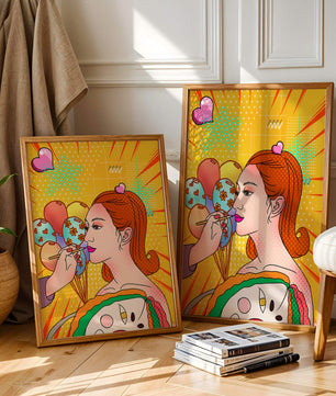 Retrato de mujer en arte pop colorido con globos y patrones vibrantes