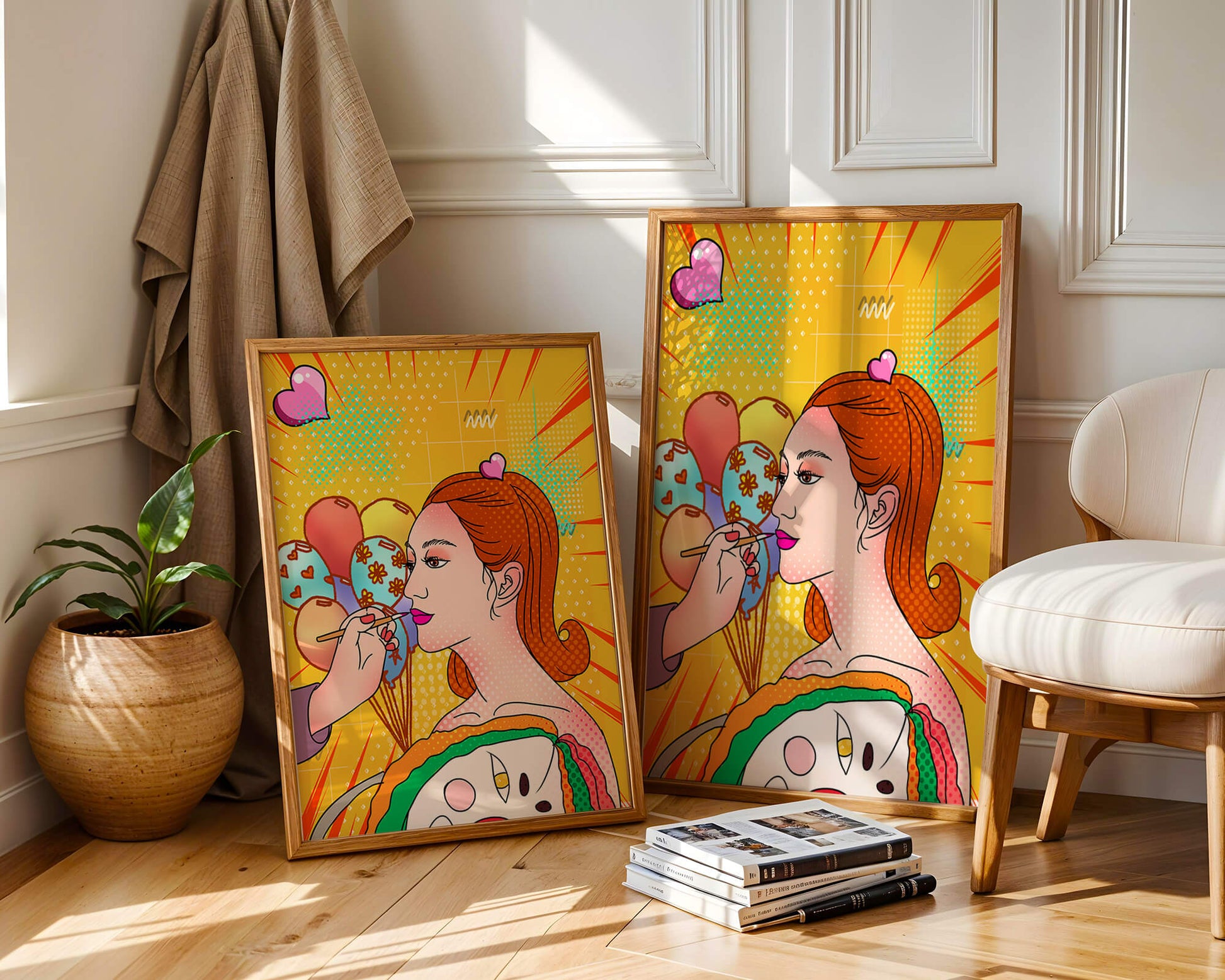 Colorful pop art woman portrait with balloons and vibrant patterns