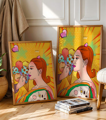 Colorful pop art woman portrait with balloons and vibrant patterns
