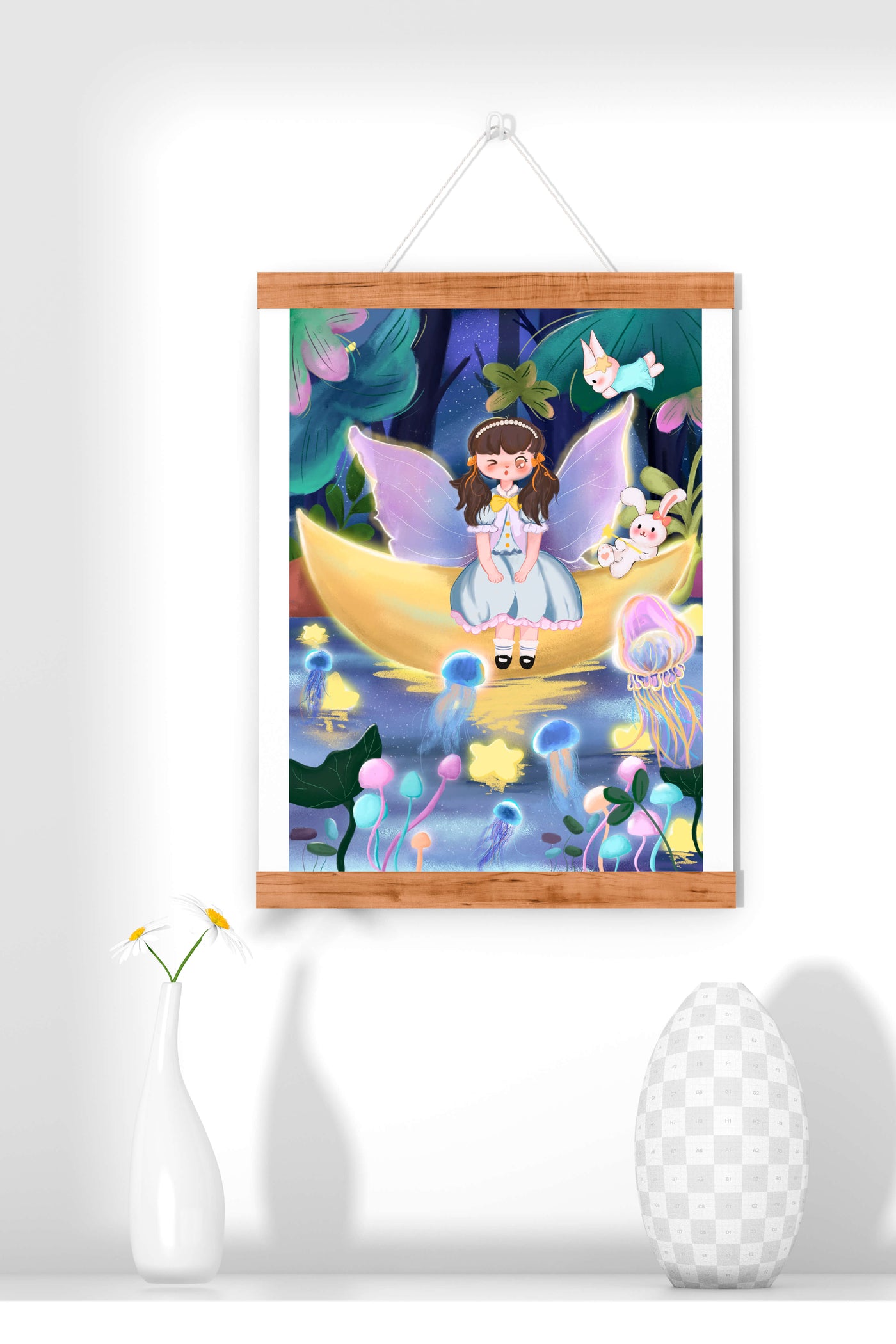 Enchanting fairy scene with glowing jellyfish and moon backdrop