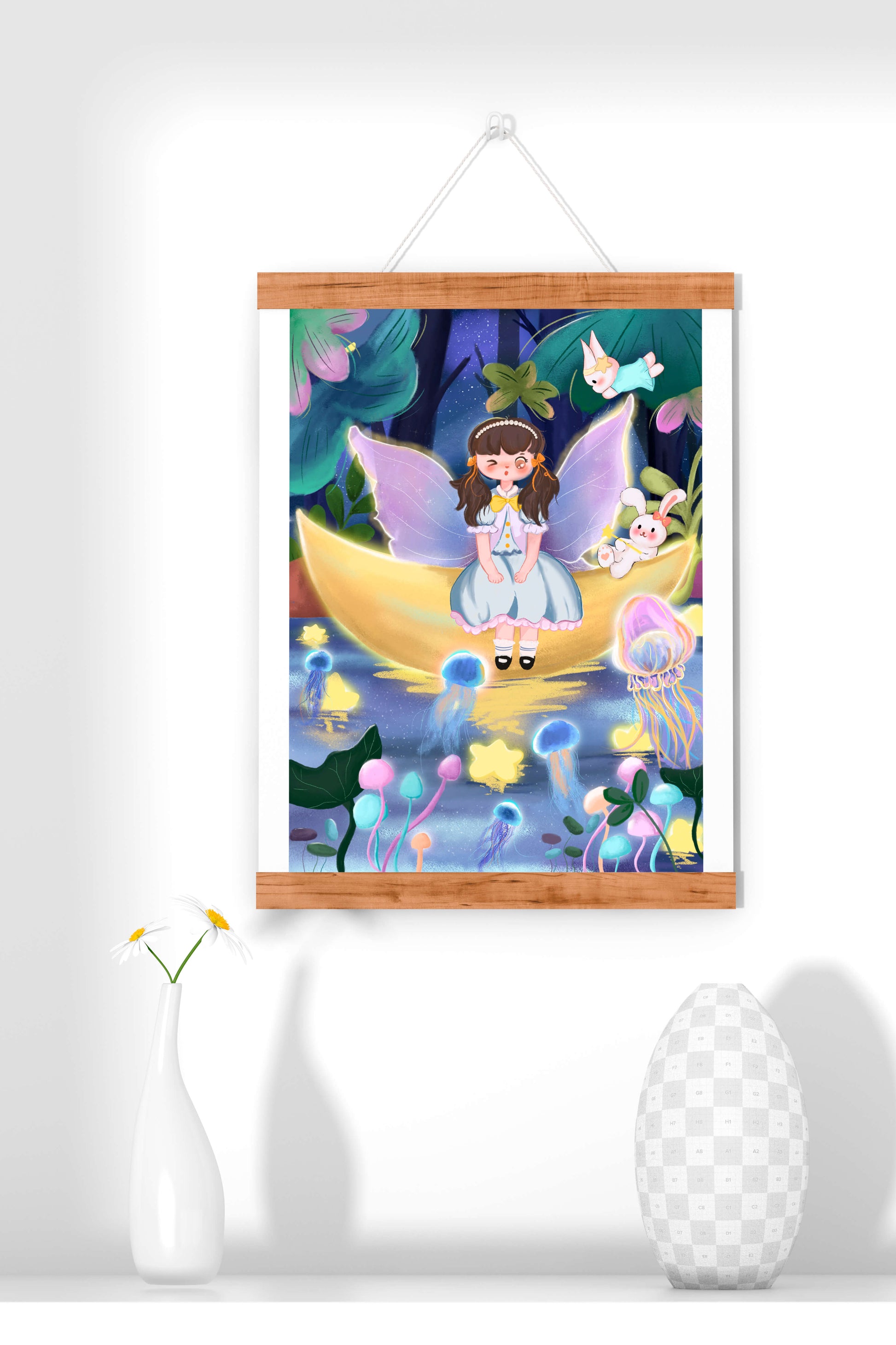 Enchanting fairy scene with glowing jellyfish and moon backdrop