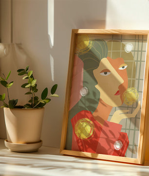 Abstract portrait artwork with geometric forms and gold accents