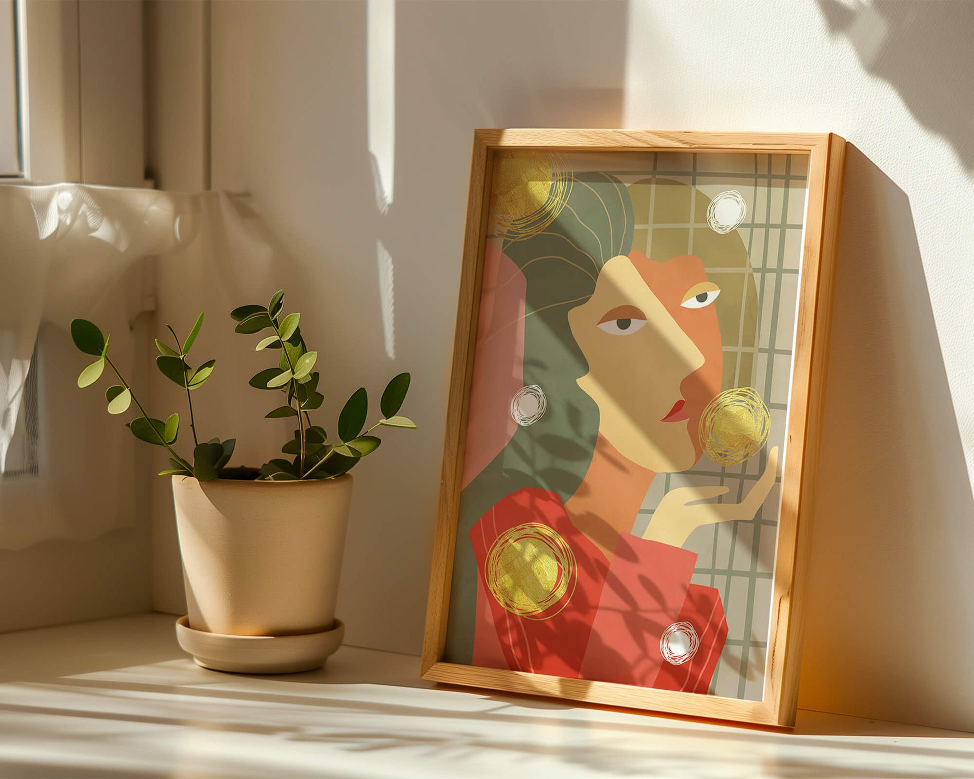 Abstract portrait artwork with geometric forms and gold accents